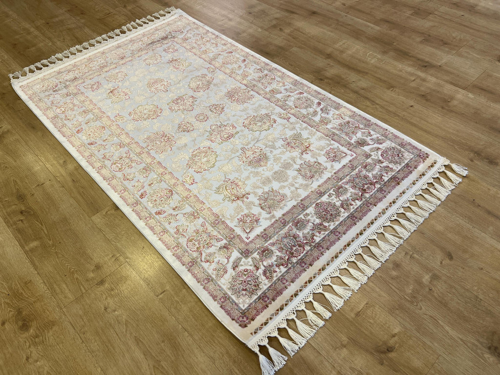 Ivory Silk Bamboo Rug with Gold Pattern and Framed Border, 3x5 ft, Classic Rug