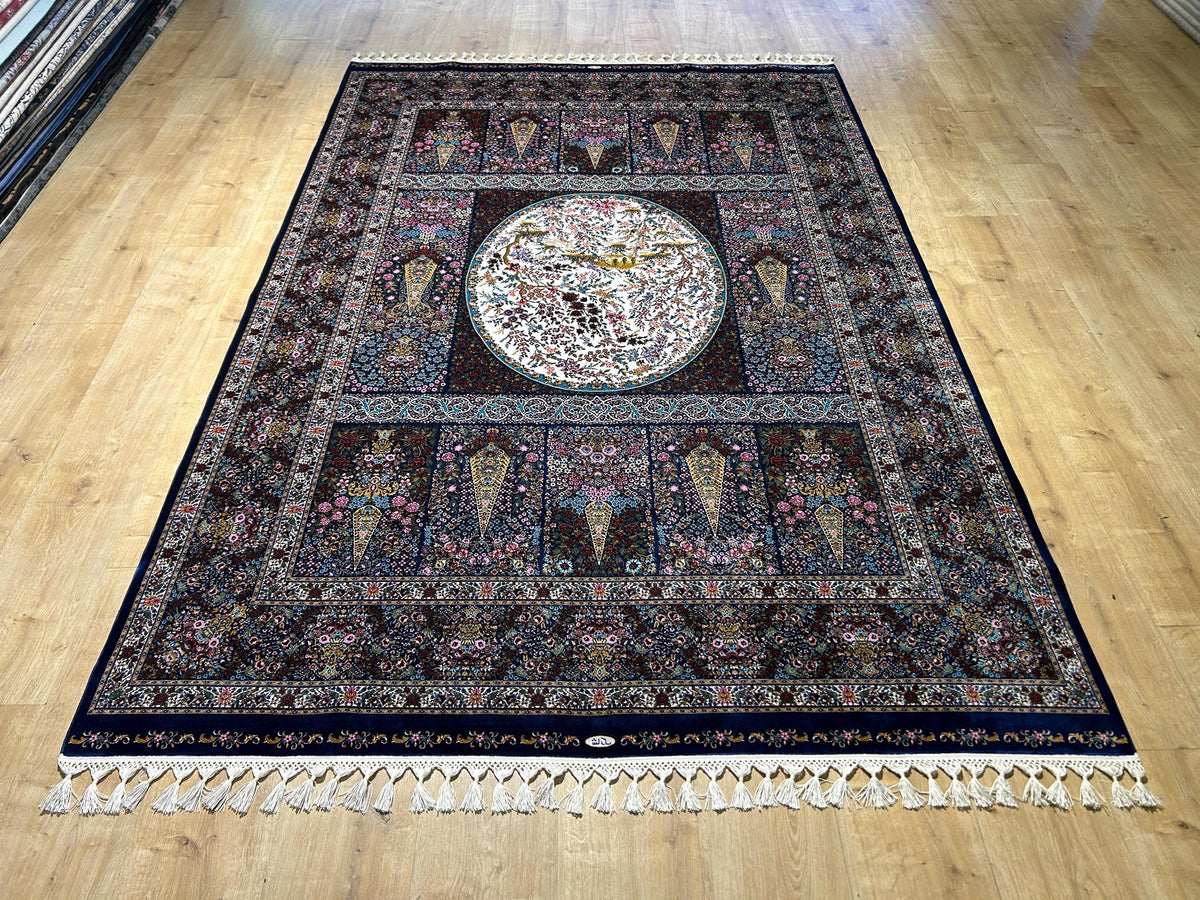 Navy Blue Floral Silk Rug, Tree Design Carpet, Luxury Classic Carpet