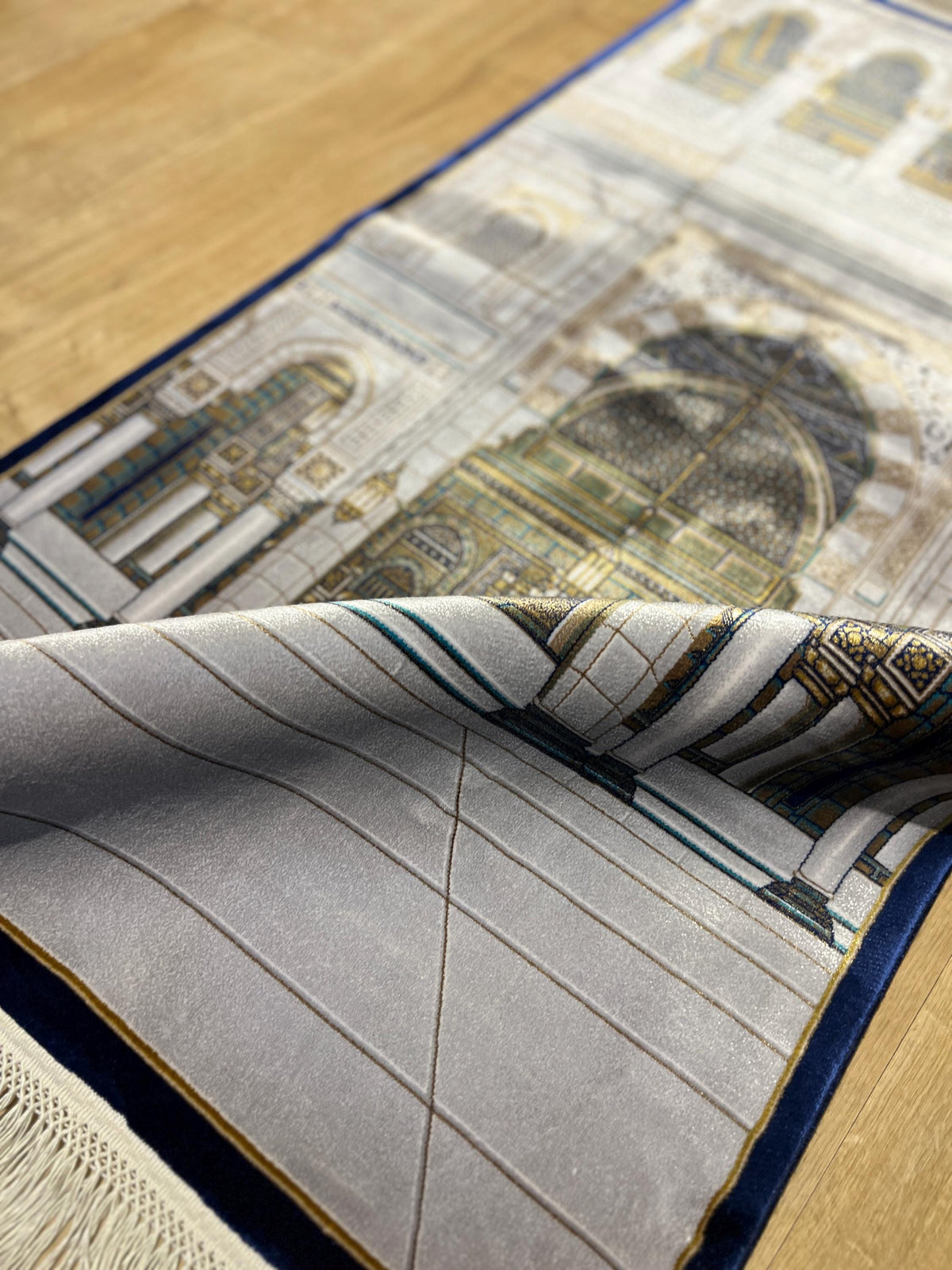 Gray Mosque Design Silk Prayer Rug with Blue Border