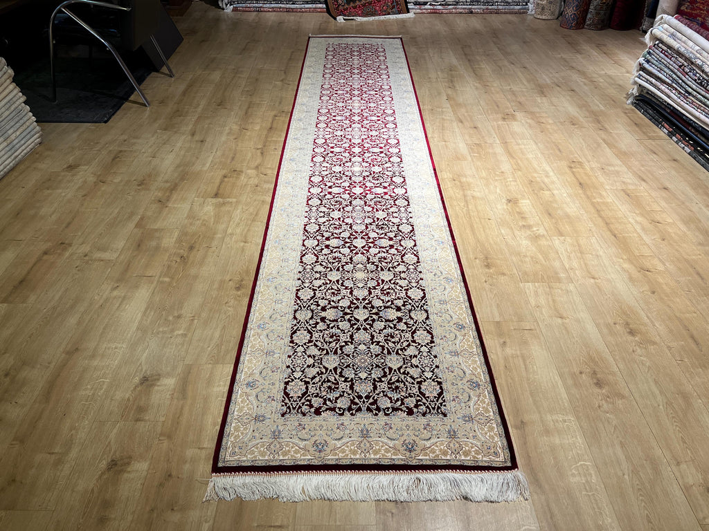 3x13 ft Red Silk Runner Rug, Blue Medallion, Classic Luxury Hallway Rug