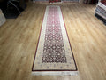 3x13 ft Red Silk Runner Rug, Blue Medallion, Classic Luxury Hallway Rug