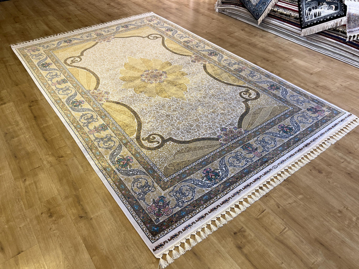 Cream Silk Rug with Gold Medallion Classic Design
