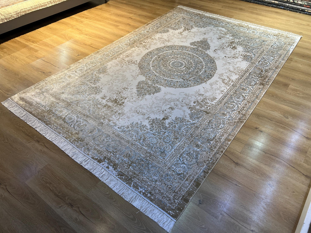 Cream Silk Rug with Beige Medallion and Border, Antique Style