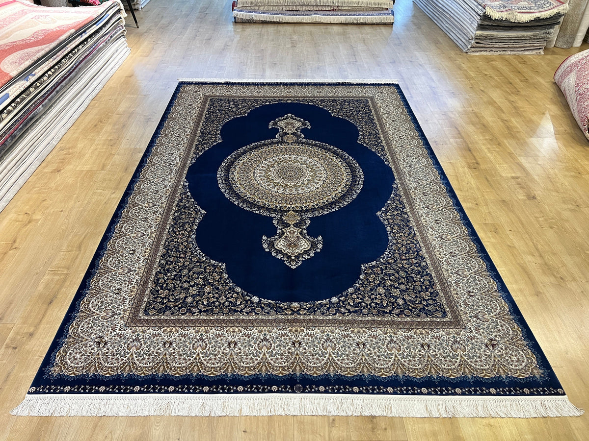 7x10 ft Blue Silk Rug, Classic Medallion Design, Luxury Turkish Style