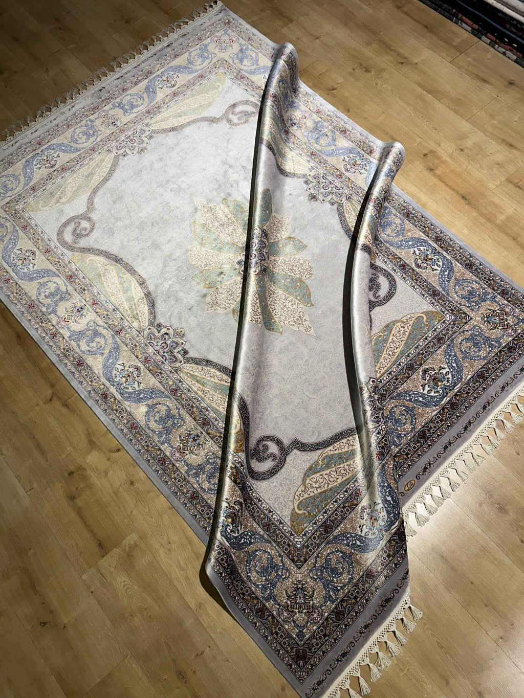 Gray Silk Rug, Gold Blue Medallion, Classic Traditional Style Carpet