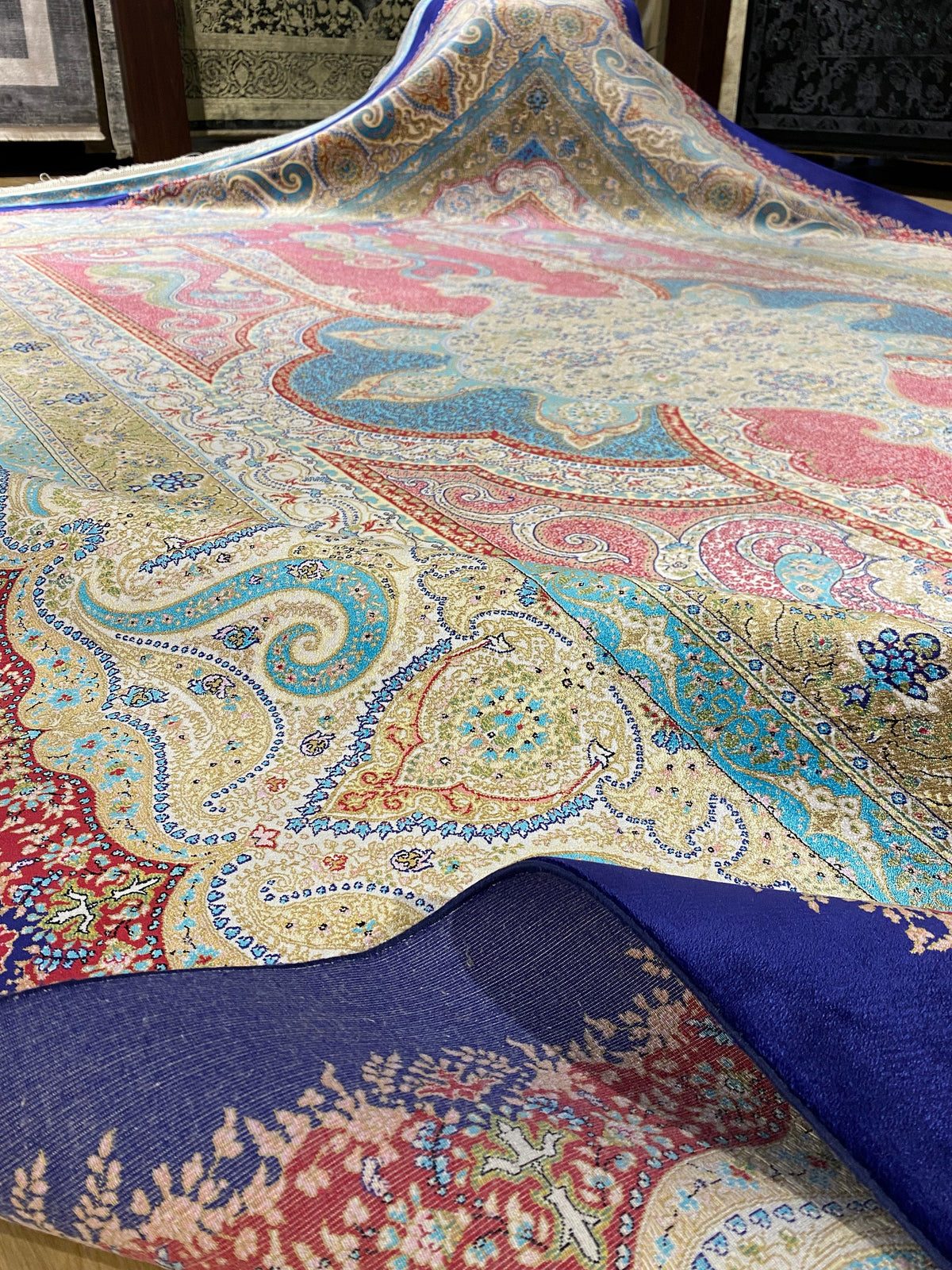 Pink Navy Medallion Design Silk Carpet, Turkish Style Carpet, Luxury Rug