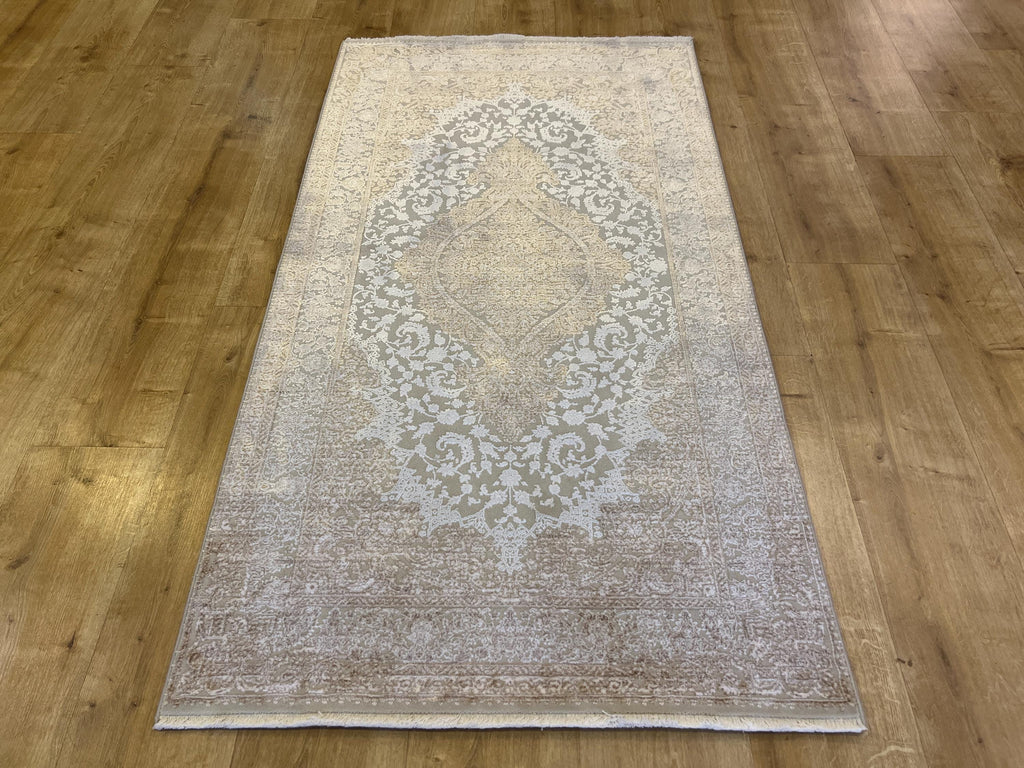 Beige Bamboo Rug with Gold Medallion, 3x5 ft, Turkish Style Small Rug