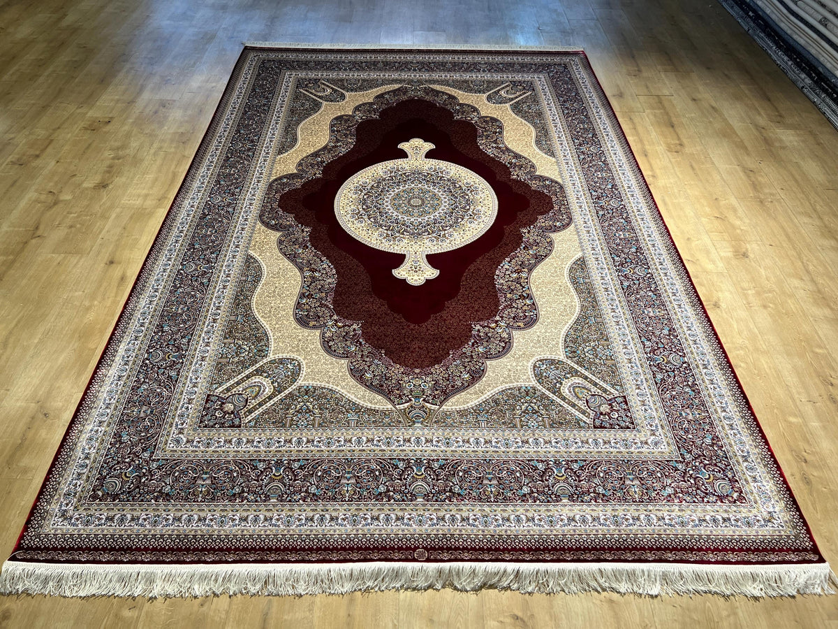 7x10 ft Large Modal Silk Rug, Red Gold Center Medallion, Luxury Living Room Decor