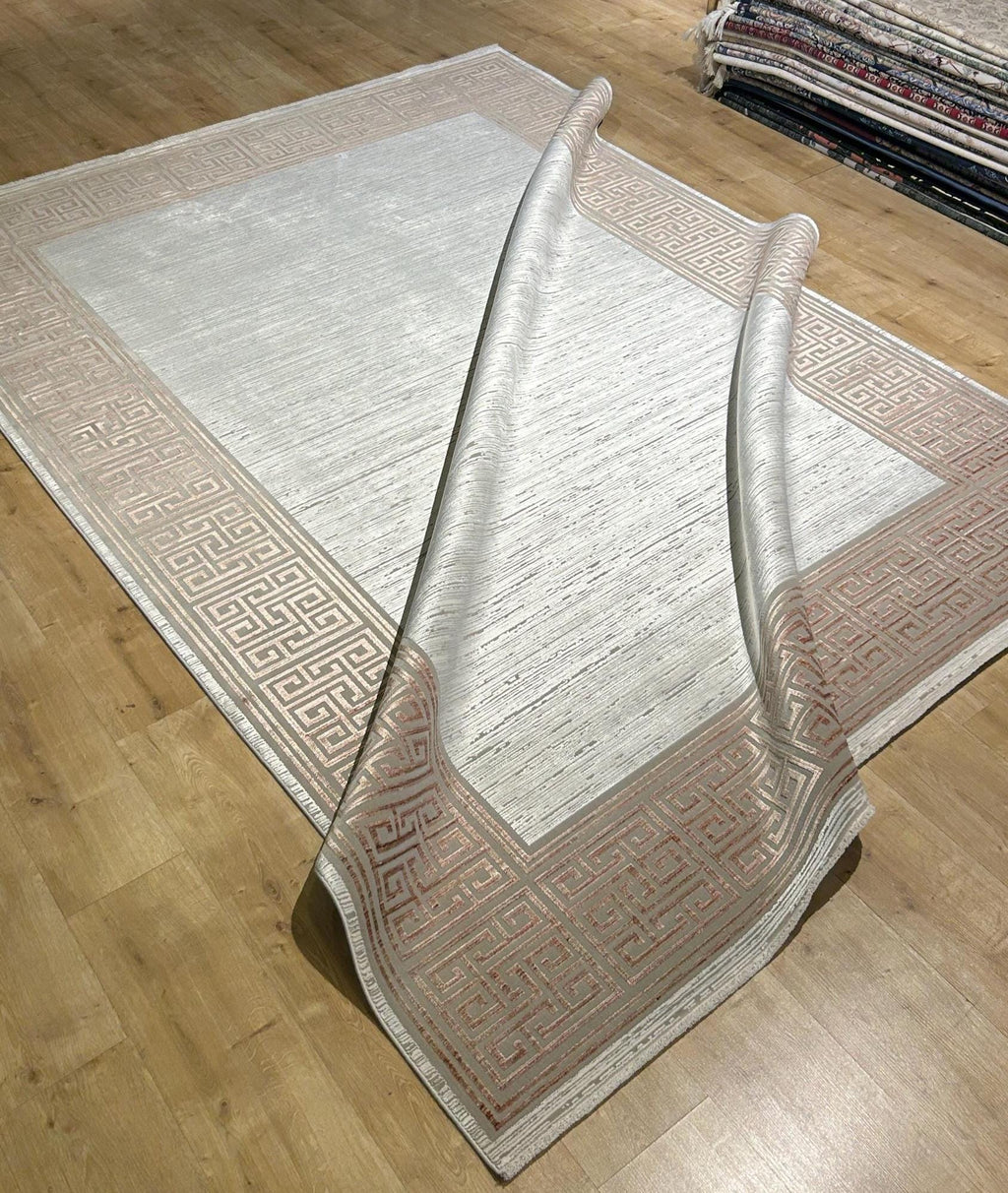 7x10 ft Brick Colour Gray Cream Bamboo Rug, Bordered Minimalist Modern Rug