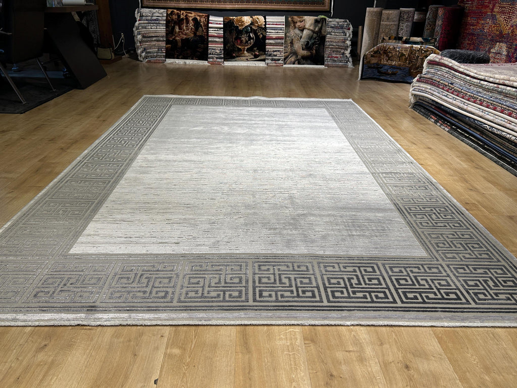 7x10 ft Gray Bamboo Rug, Bordered Minimalist Modern Rug