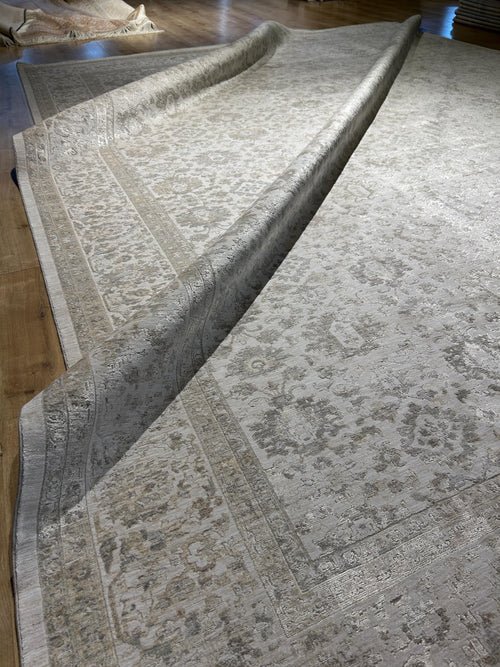 10x13 ft Gray Beige Floral Bamboo Rug with Ethnic Modern Patterns, Big Size Rug
