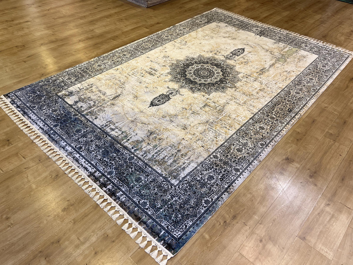 Cream Silk Rug, Grey Border Antique Medallion Classic Design