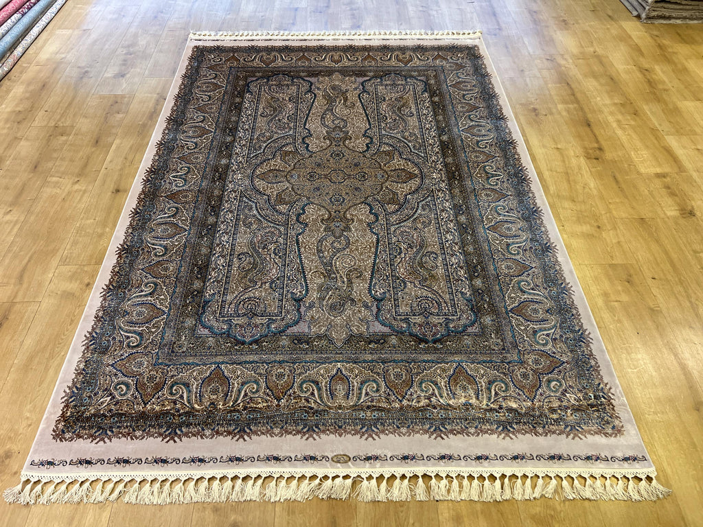 Blue Gold Silk Rug, Medallion Design Classic Silk Carpet