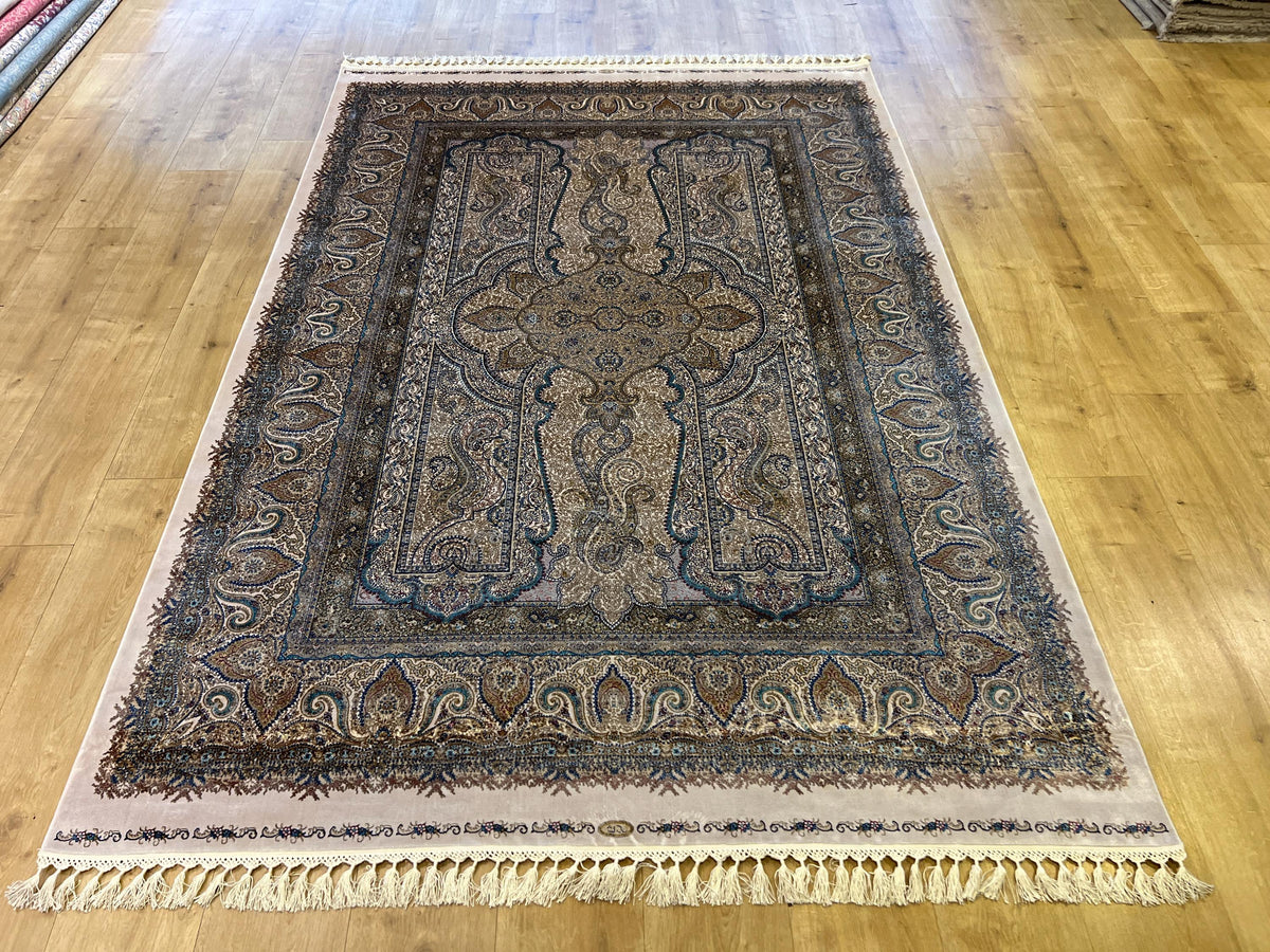 Blue Gold Silk Rug, Medallion Design Classic Silk Carpet