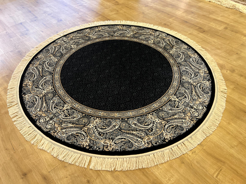 5x5 Ft Round Black Gray Silk Rug, Framed Border Design, Classic Luxury Area Rug