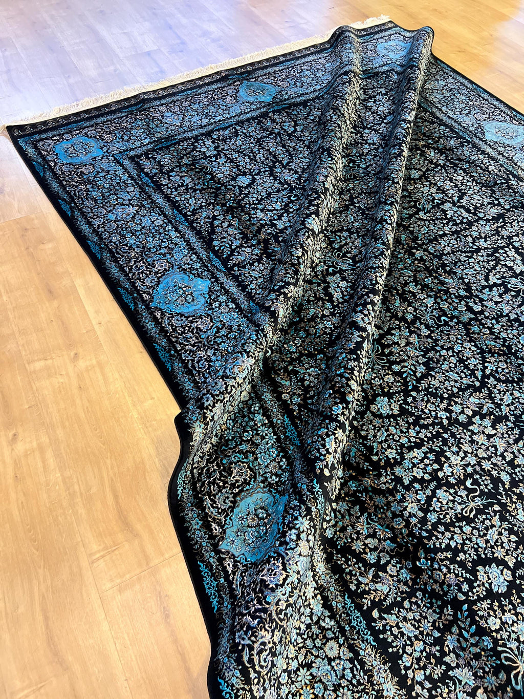 7x10 ft Black Blue Silk Rug, Floral Design Silk Carpet, Luxury Home Decor