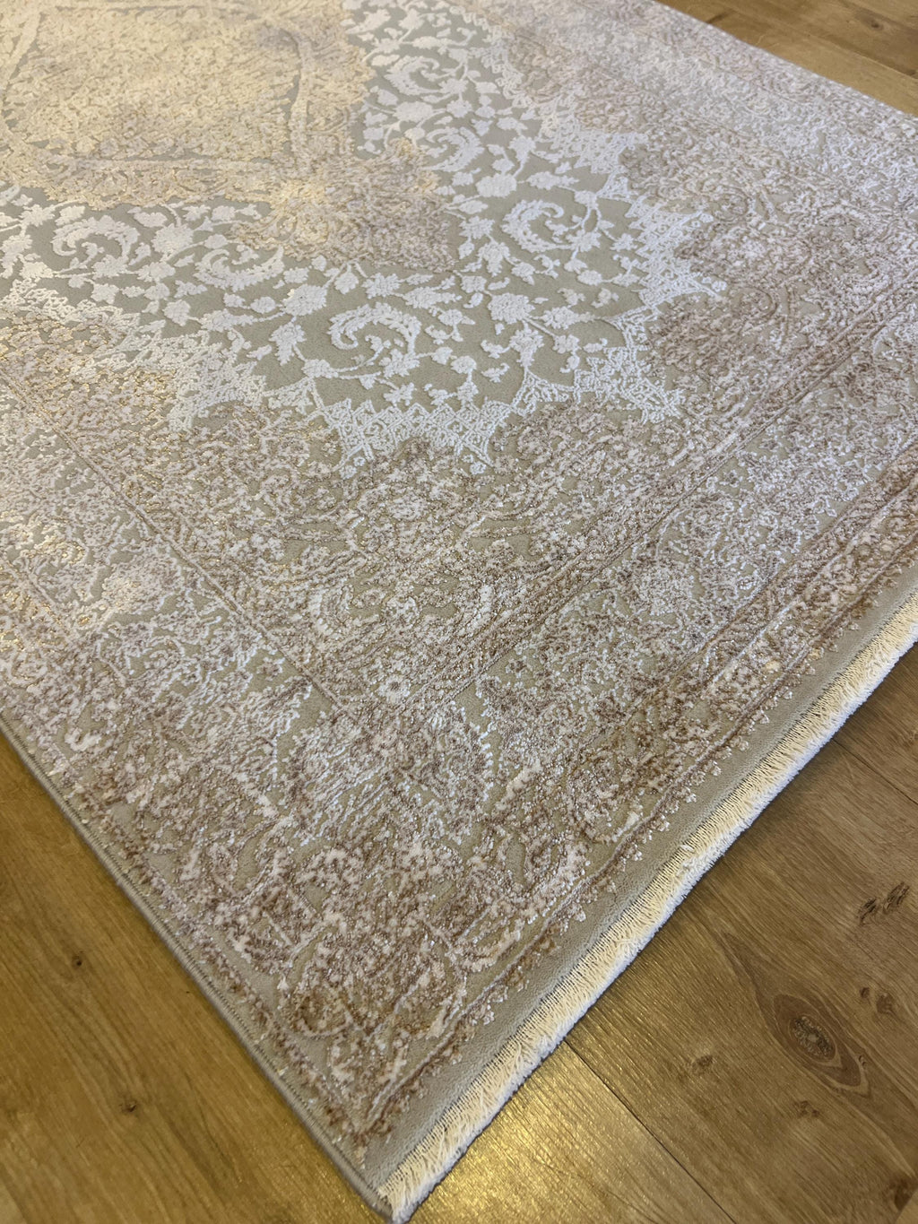Beige Bamboo Rug with Gold Medallion, 3x5 ft, Turkish Style Small Rug