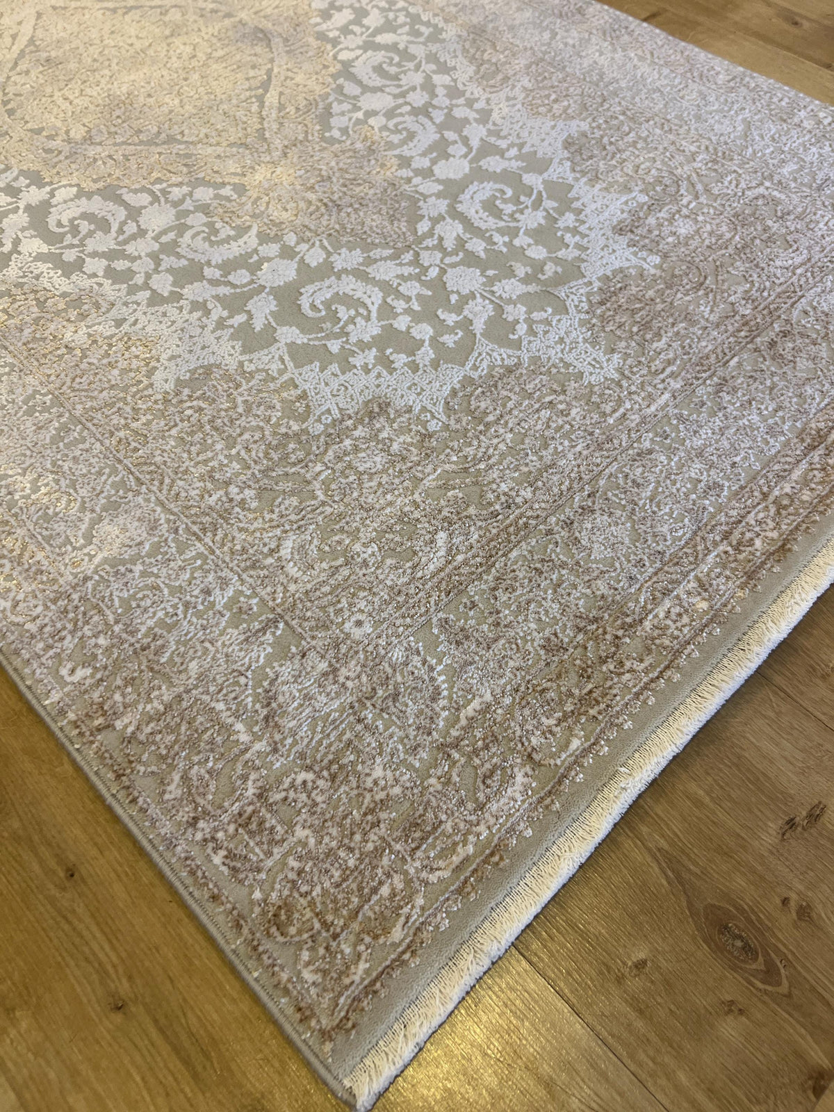 Beige Bamboo Rug with Gold Medallion, 3x5 ft, Turkish Style Small Rug