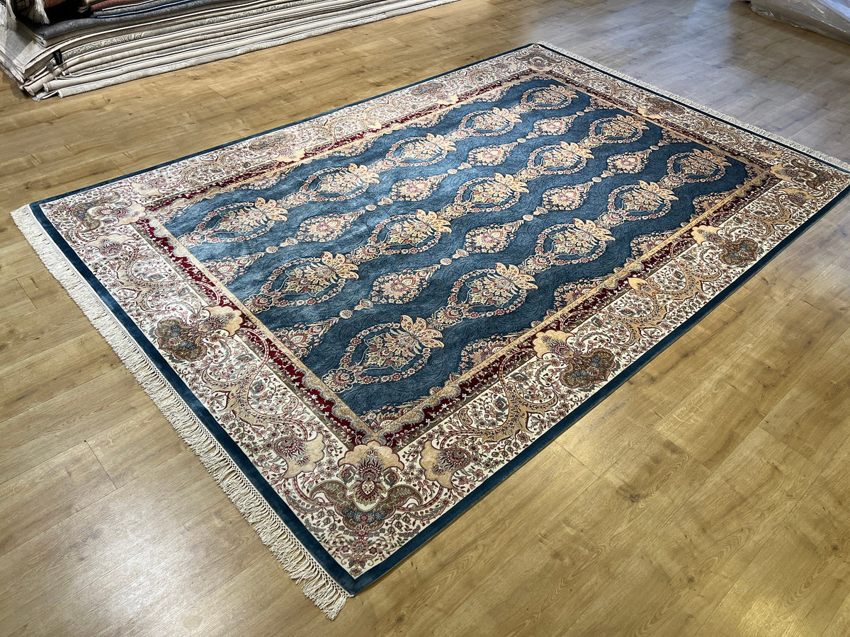 7x10 ft Blue Gold Silk Rug, Framed Classic Design, Turkish Style Carpet
