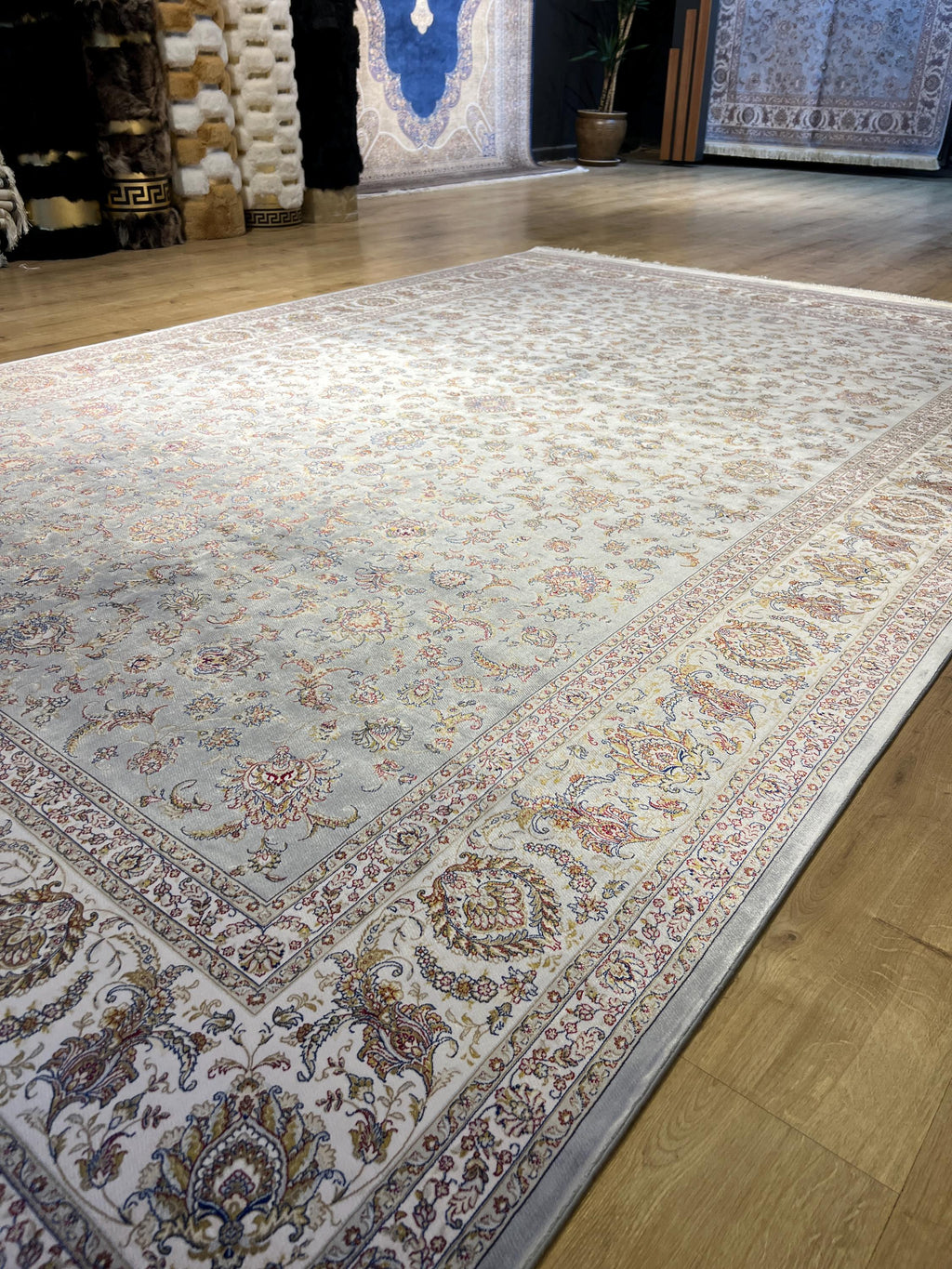 7x10 ft Gray Floral Silk Rug, Classic Turkish Silk Carpet, Luxury Home Decor