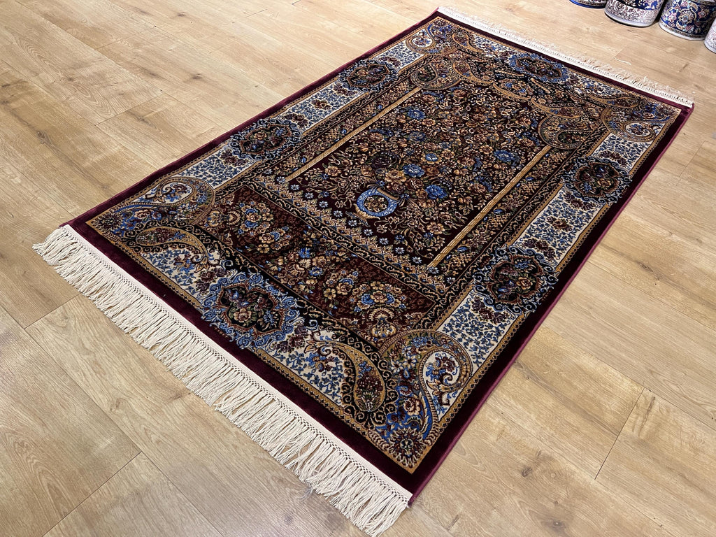 Red Modal Silk Prayer Rug, Muslim Janamaz Mat (2.62X4.10)