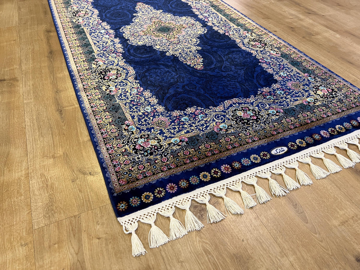 Navy Blue Medallion Silk Runner Rug, 3x10 ft, Classic Luxury Hallway Rug