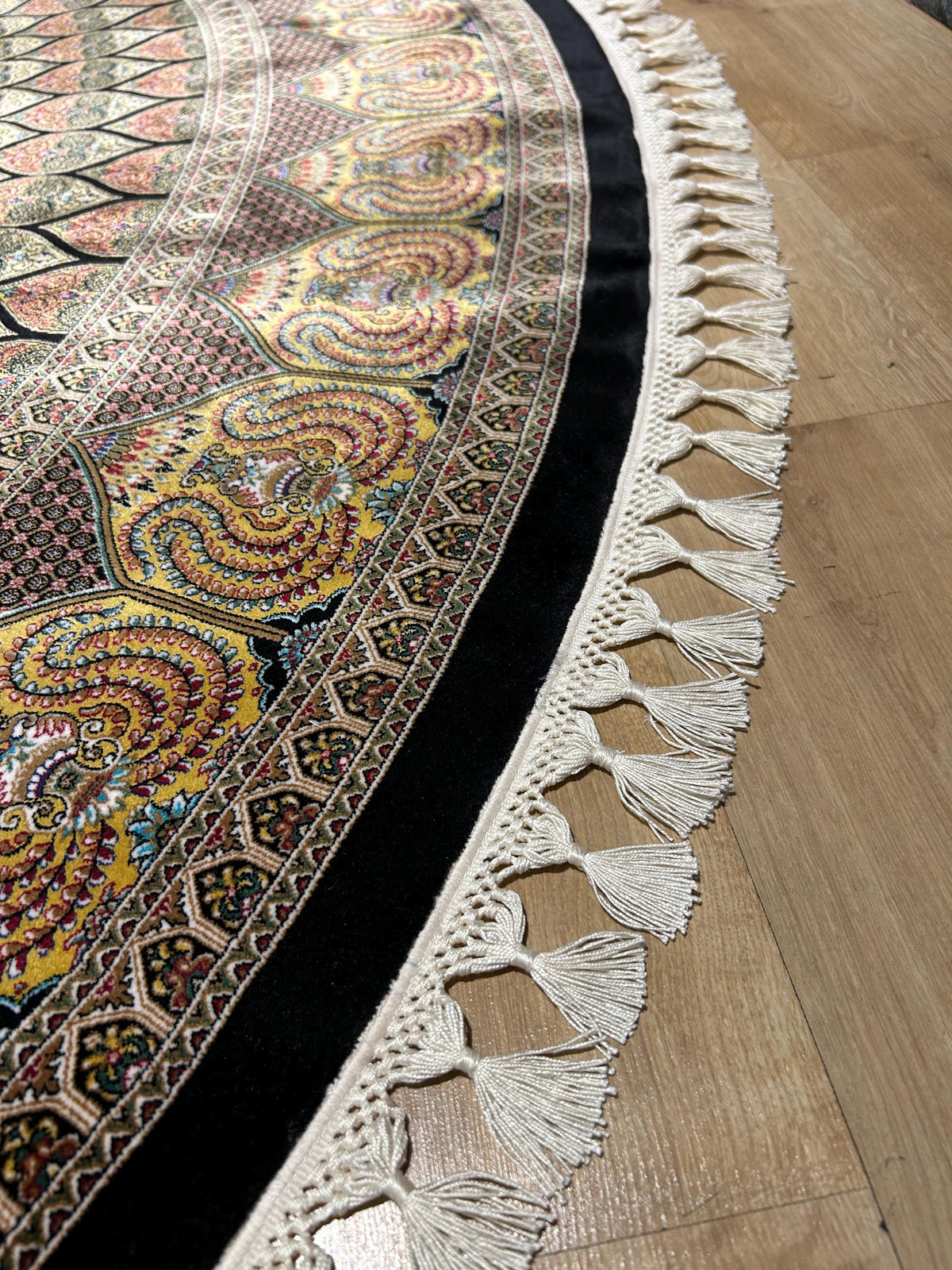 Black Gold Round Silk Rug, Classic Turkish Style Carpet, Medallion Design