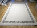 Ivory Floral Pattern Rug, Grey Border Carpet, Turkish Home Decor