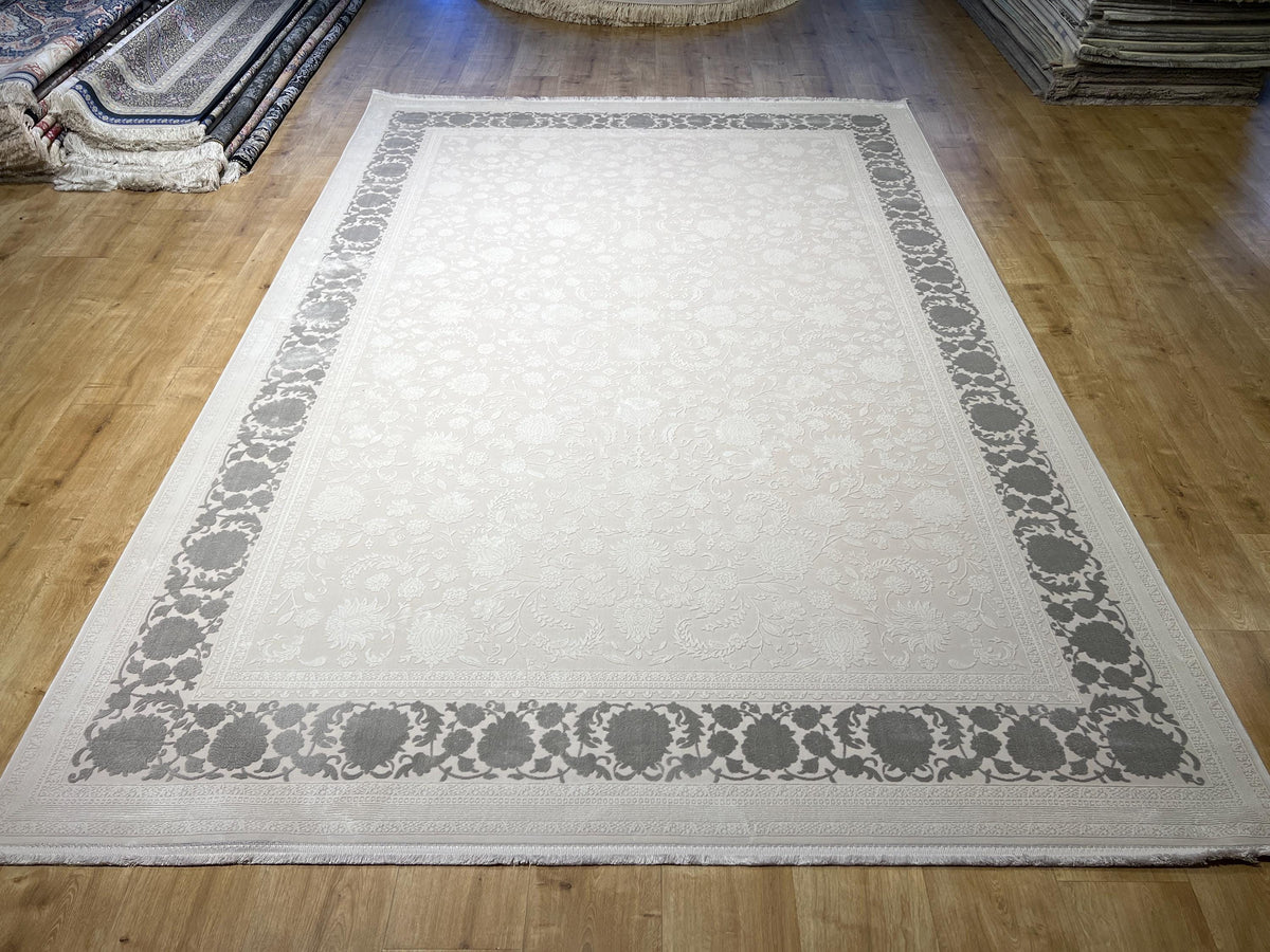 Ivory Floral Pattern Rug, Grey Border Carpet, Turkish Home Decor