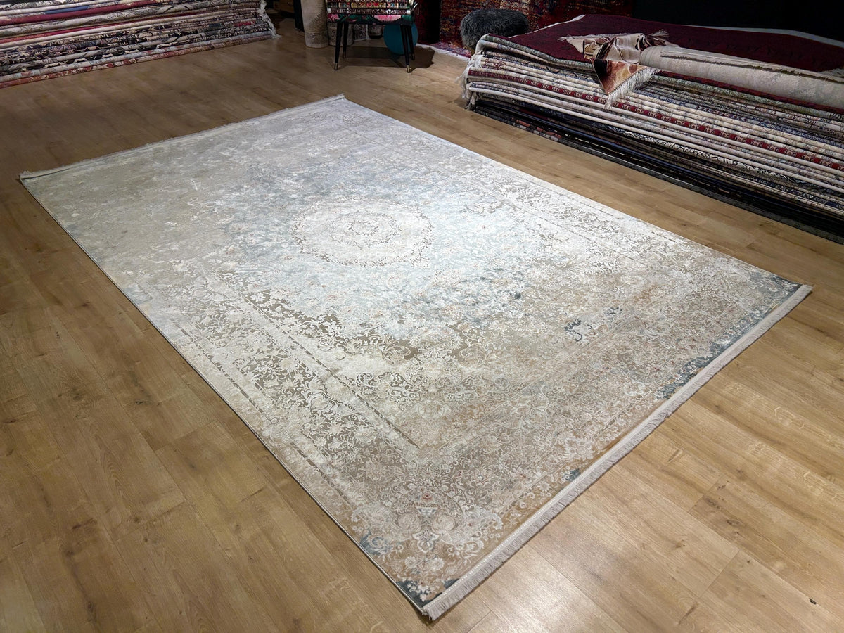 Beige Blue Silk Rug, Medallion Design Classic Silk Carpet