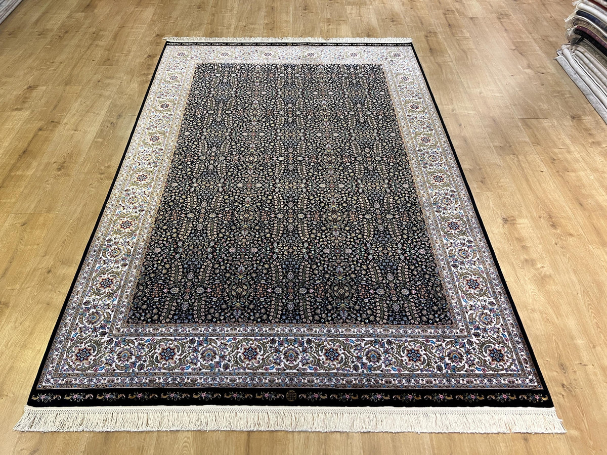 5x8 ft Black Floral Modal Silk Rug, Turkish Style Home Decor