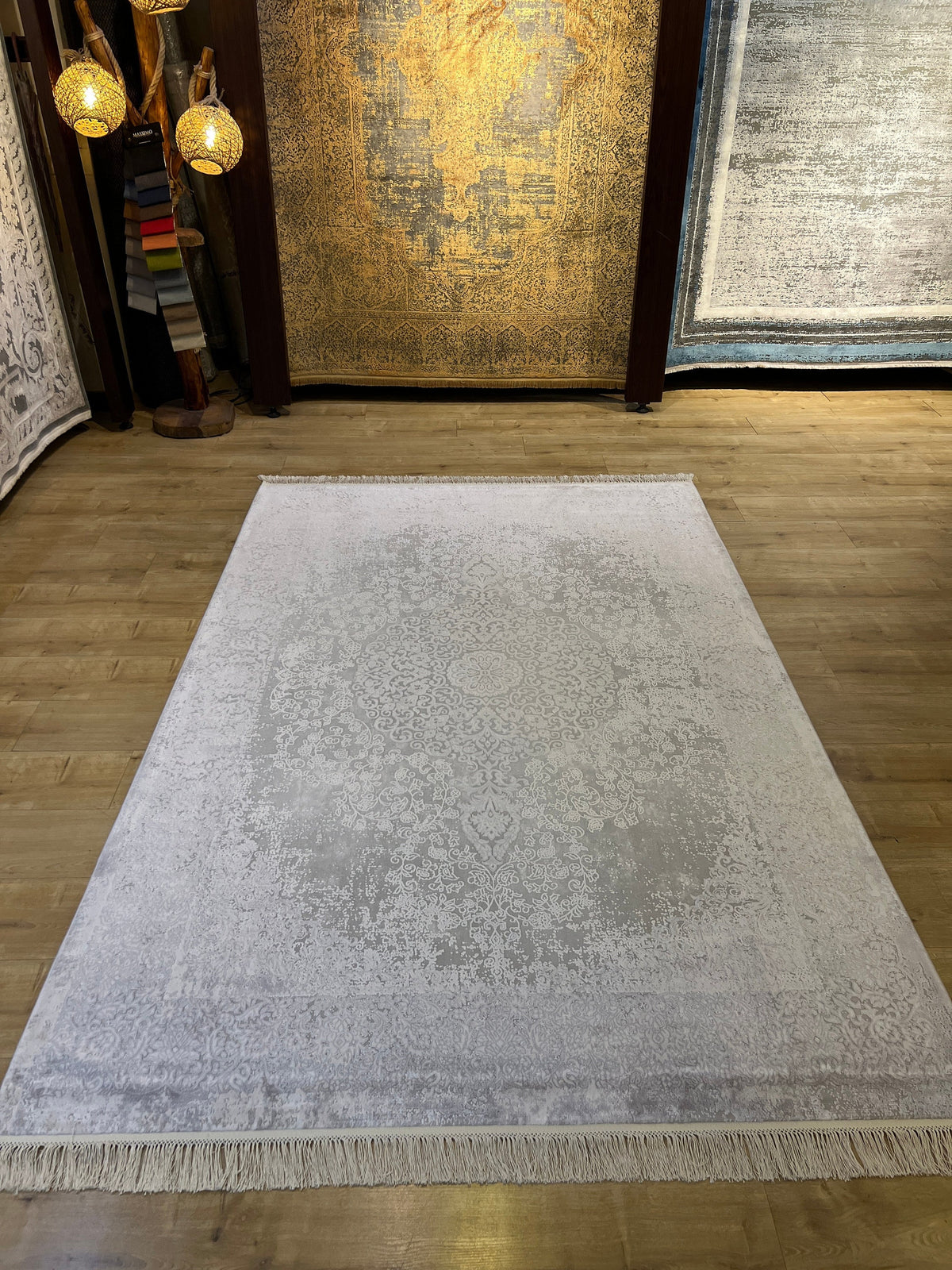 Gray Bamboo Medallion Rug, Turkish Carpet, Home Decor (5x8 ft)