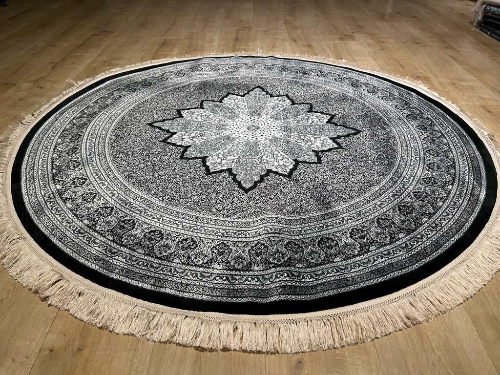 Black Gray Round Silk Rug, Medallion Design, Classic Luxury Area Rug