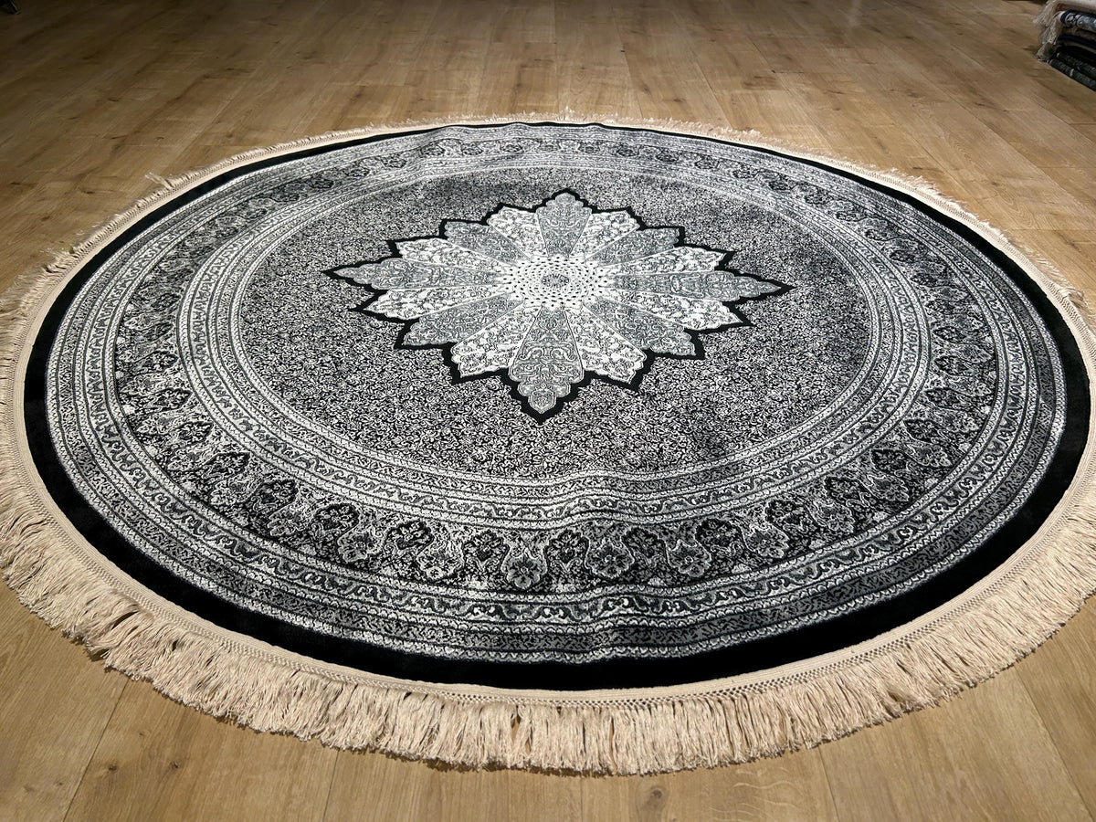 Black Gray Round Silk Rug, Medallion Design, Classic Luxury Area Rug