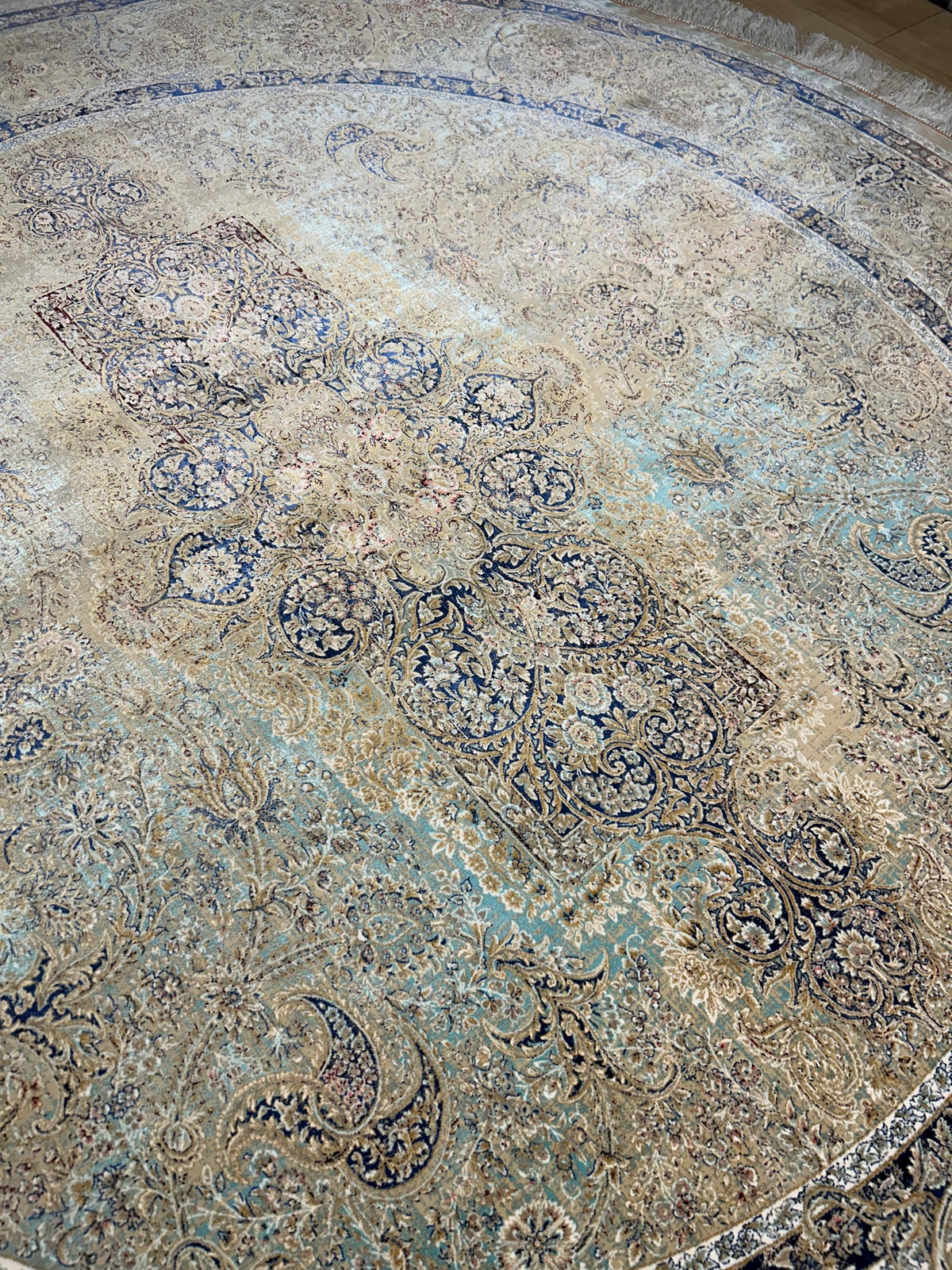 7x7 Ft Beige Blue Silk Rug, Distressed Pattern Medallion Carpet