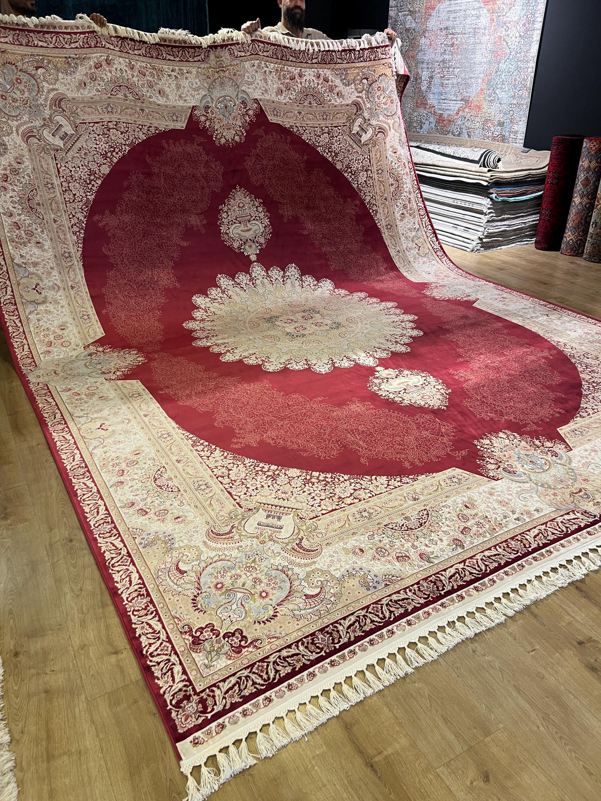 Red Bamboo Silk Rug 10x13 ft, Large Luxury Area Rug with Medallion Design