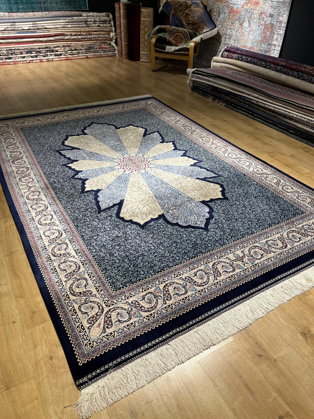 7x10 ft Navy Blue Silk Carpet, Traditional Pattern Rug