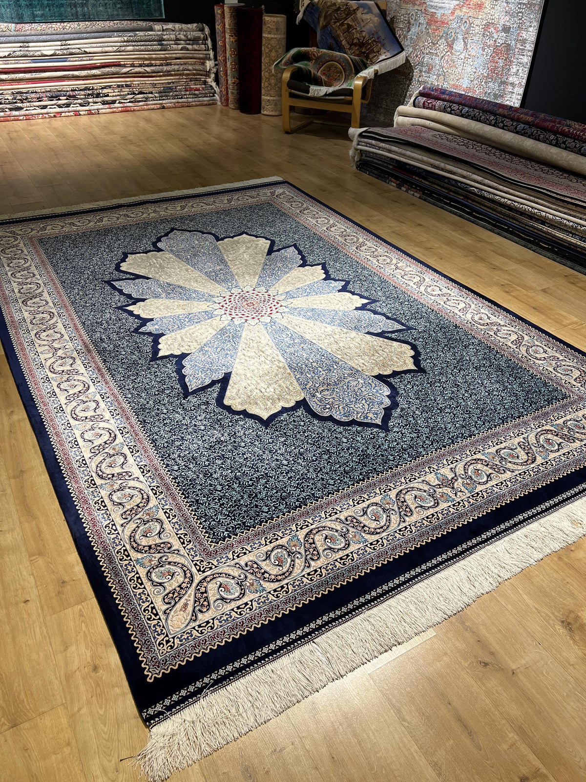 7x10 ft Navy Blue Silk Carpet, Traditional Pattern Rug
