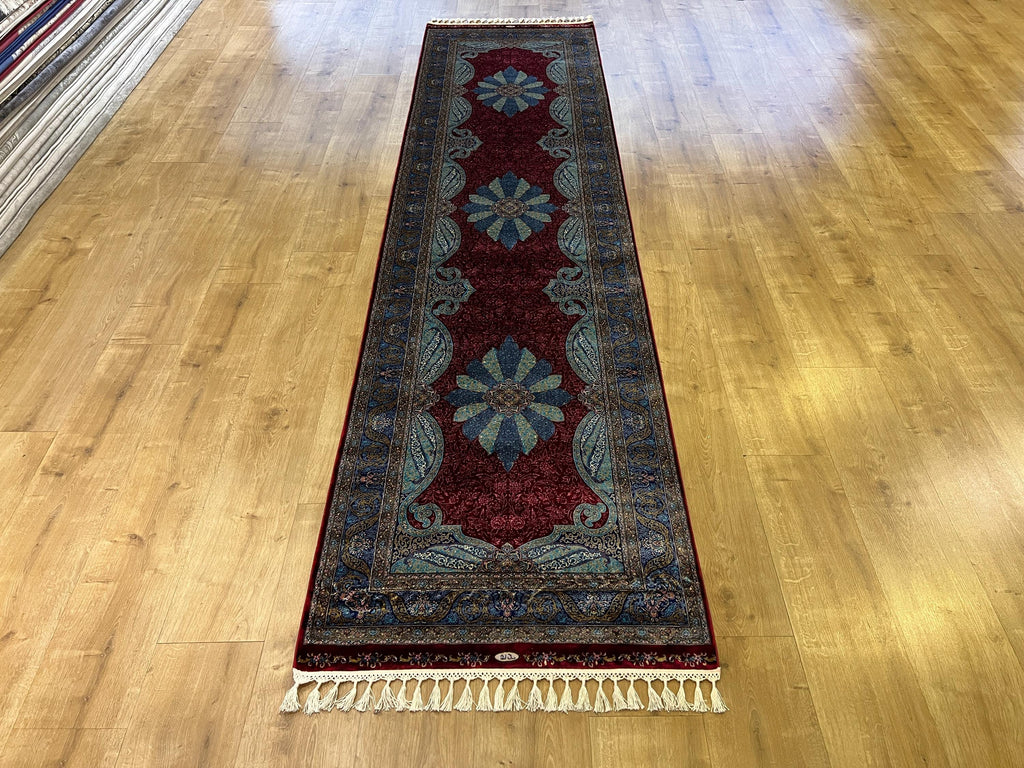 3x10 ft Red Silk Runner Rug, Blue Medallion, Classic Luxury Hallway Rug