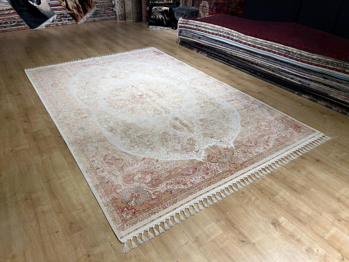 7x10 Ivory Silk Rug, Green Gold Floral Silk Carpet, Classic Medallion Design