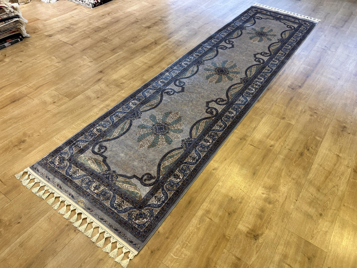 Gray Gold Medallion Silk Runner Rug, 3x10 ft, Classic Luxury Hallway Rug