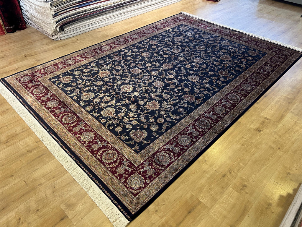 Dark Blue Silk Palace Rug, Turkish Oushak Style, 8x11 ft