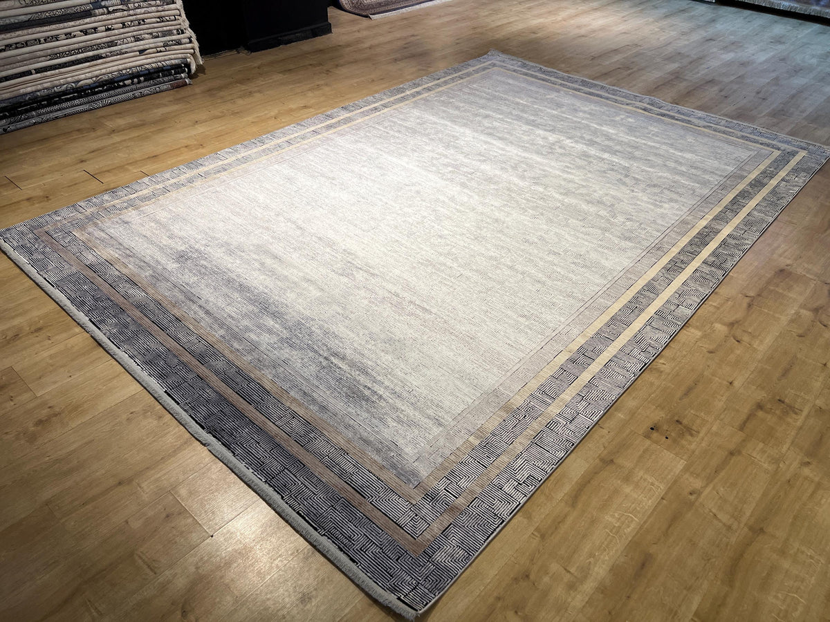 8x11 ft Gray Modern Bamboo Rug with Gold Border Design
