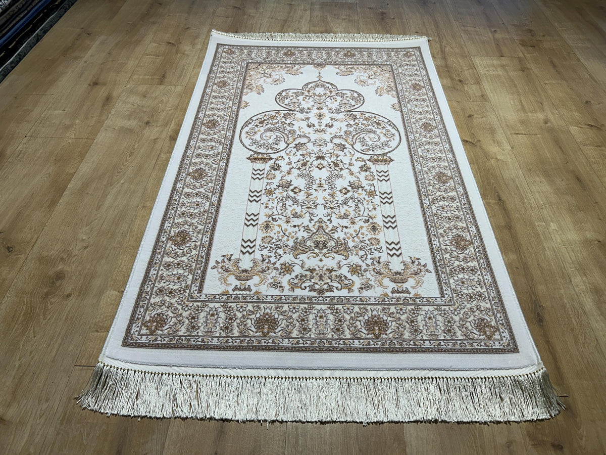 2.55x4.10 Ft Ivory Brown Silk Prayer Rug, Muslim Gift Prayer Mat