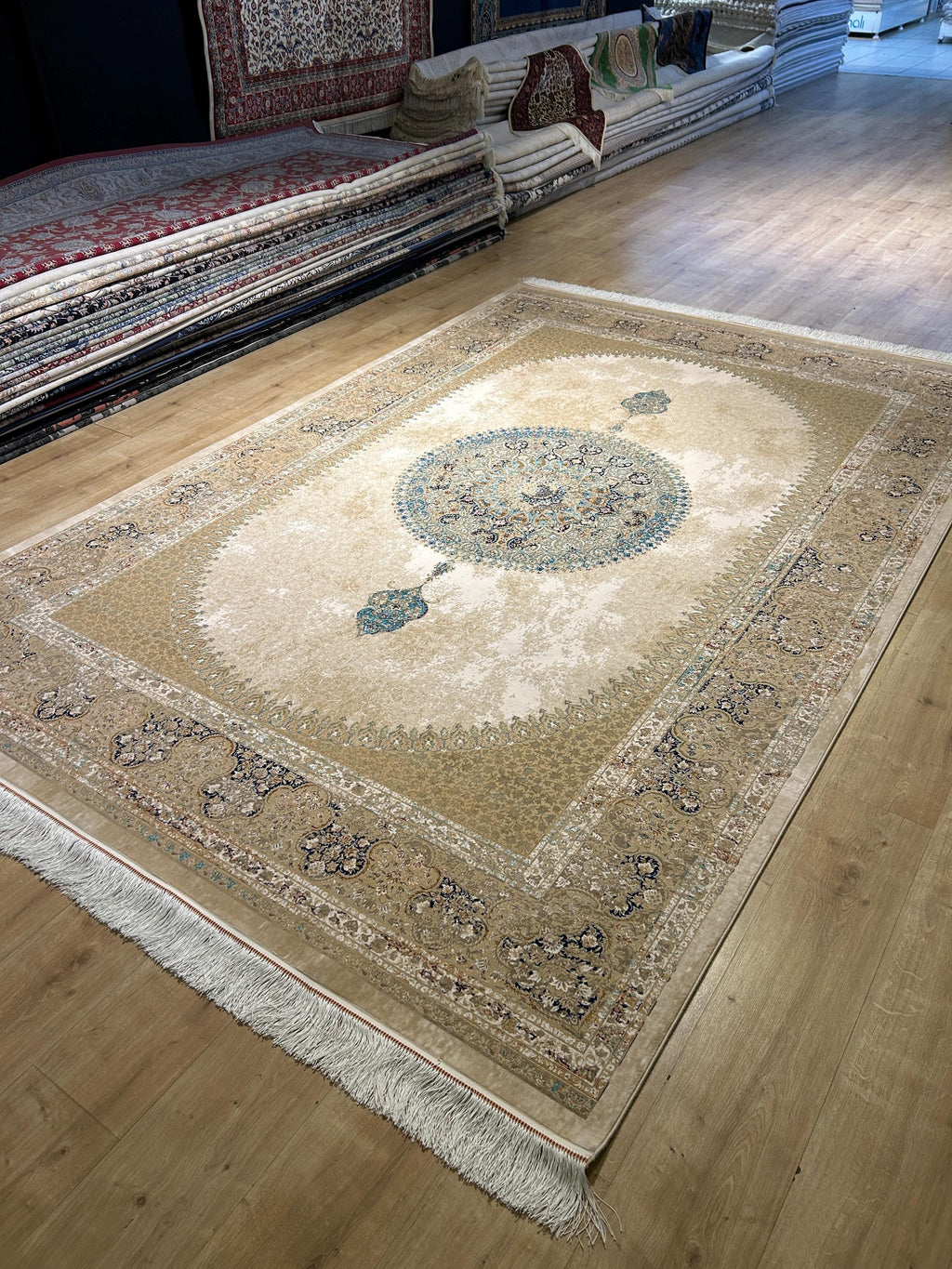 7x10 Beige Silk Rug, Blue Medallion Classic Luxury Turkish Carpet