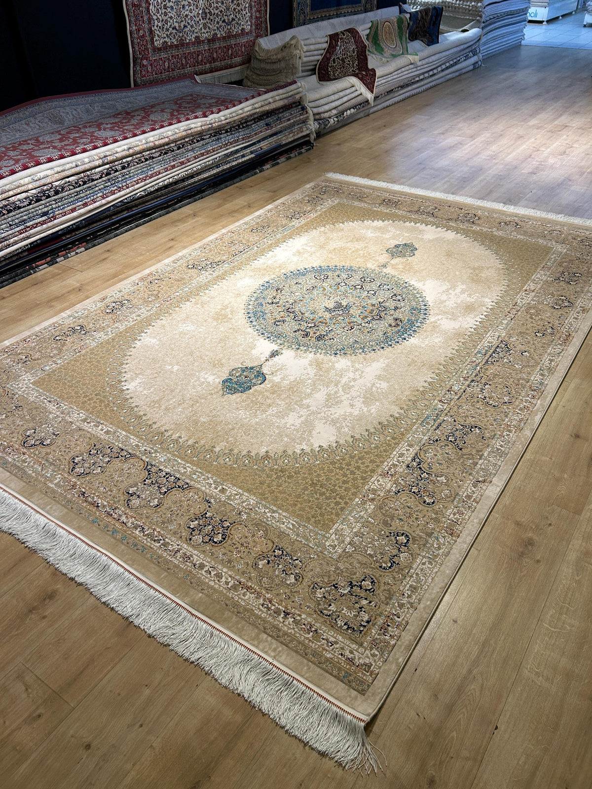 7x10 Beige Silk Rug, Blue Medallion Classic Luxury Turkish Carpet