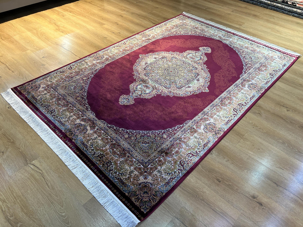 5x8 ft Red Silk Rug, Gold Green Floral Medallion, Elegant Turkish Carpet