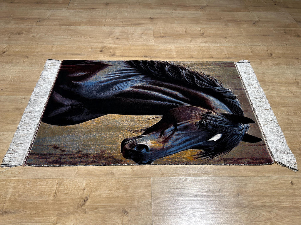 Horse Portrait Tapestry, Black Horse Silk Rug, Woven Wall Hanging, Rustic Home Decor
