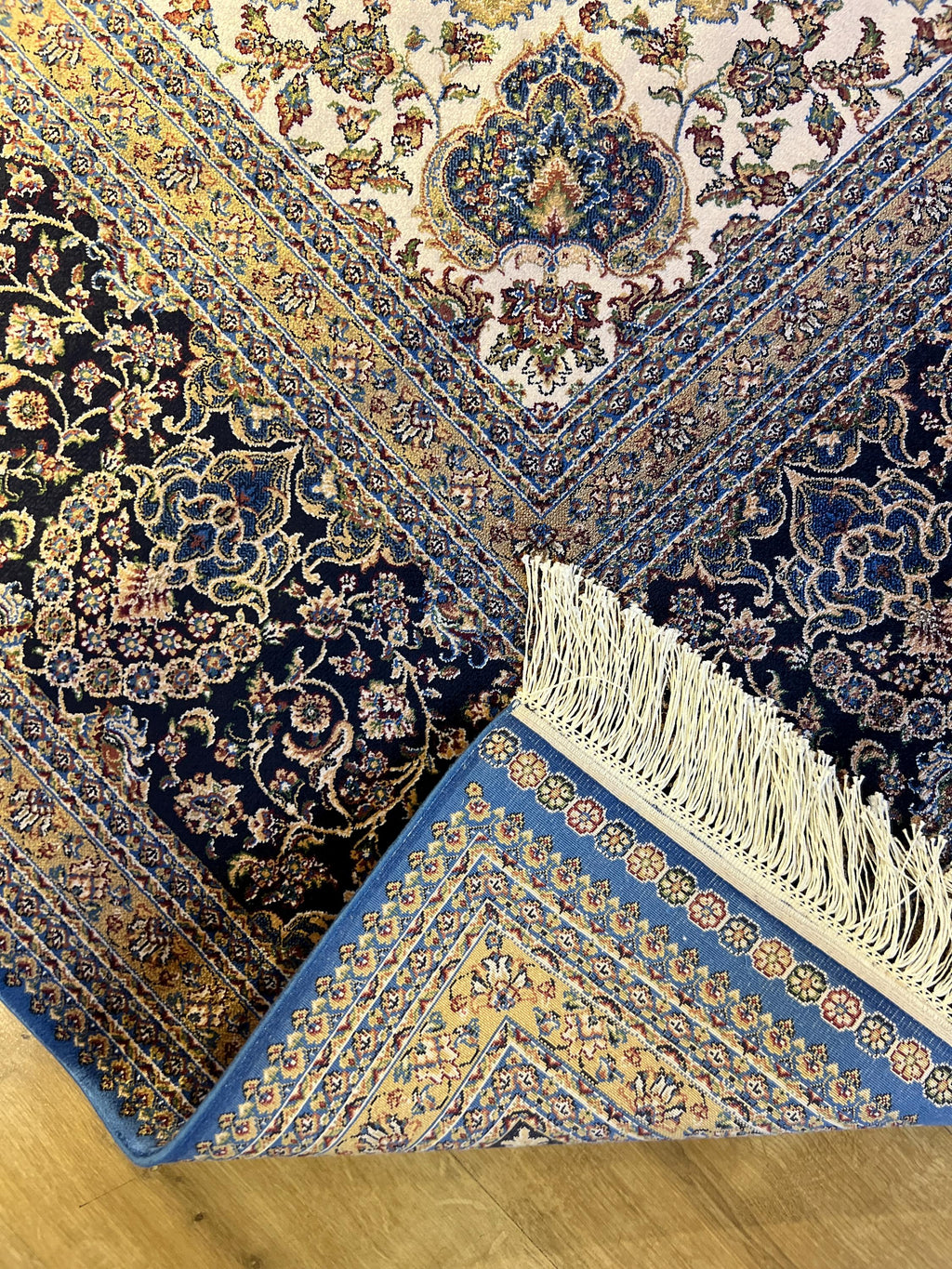 Blue Beige Silk Palace Rug, Traditional Turkish Carpet (8x11 ft)