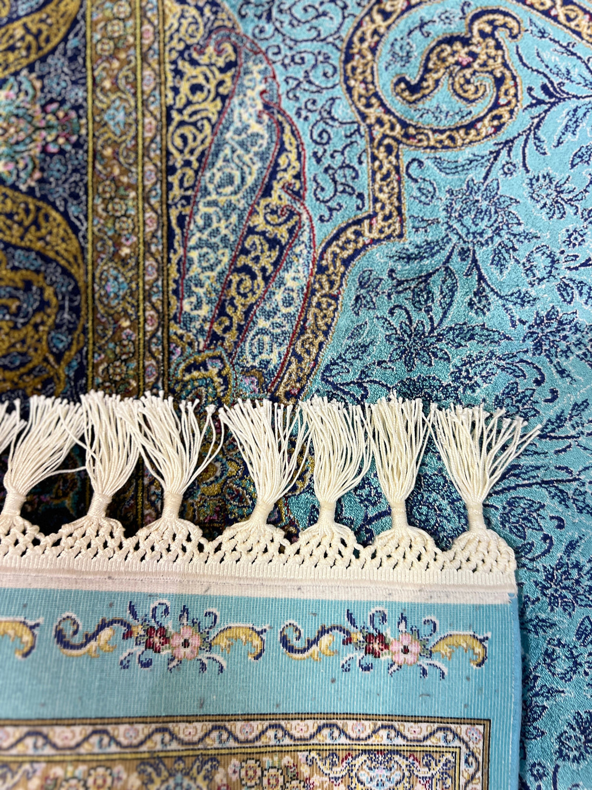 Blue Gold Floral Silk Rug 3x10 ft, Turkish Home Luxury Style
